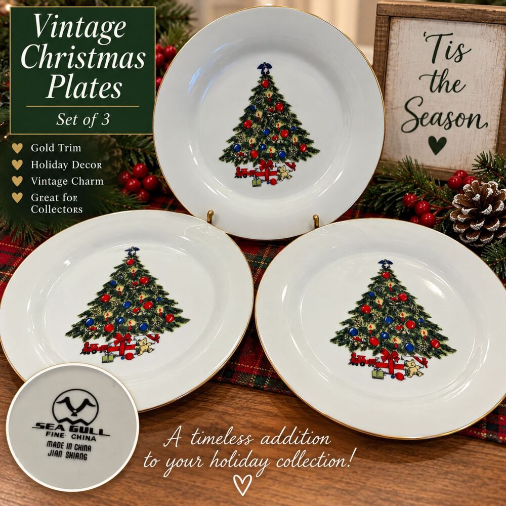 Vintage Sea Gull Christmas Tree Plates Set of 3 Gold Trim